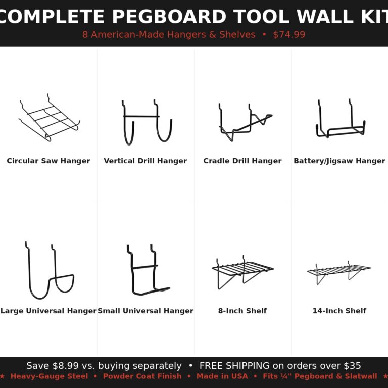Complete pegboard tool wall kit with hangers and shelves