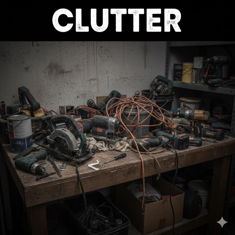 Cluttered garage workbench covered in power tools and cords
