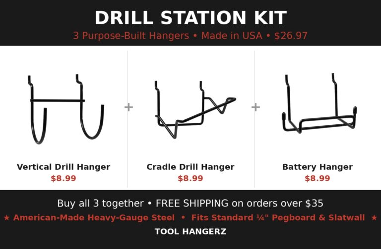 Pegboard Drill Station Kit with drill, cradle and battery hangers
