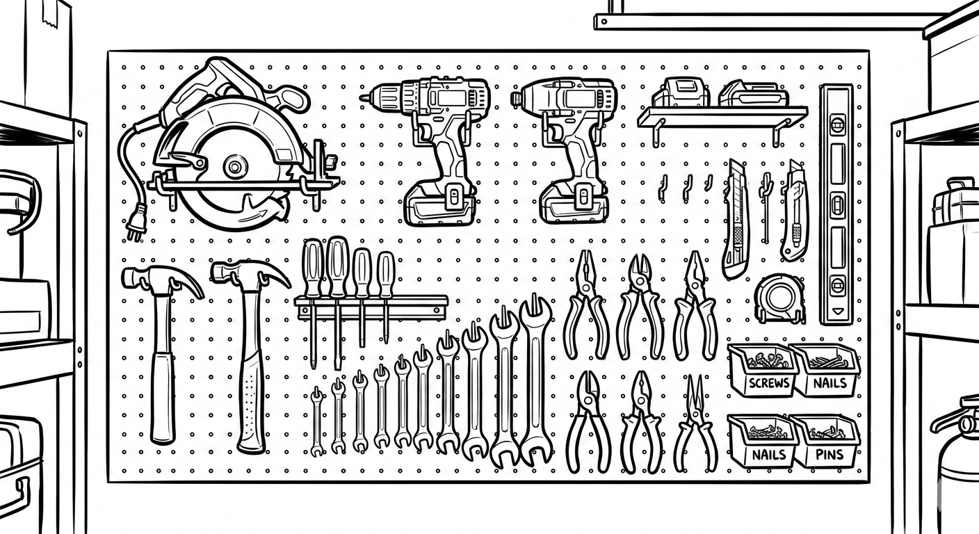 Organized pegboard tool wall with circular saw drills and hand tools