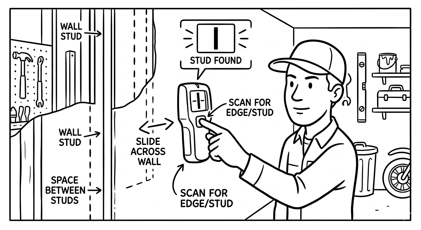 Using a stud finder to locate wall studs for pegboard mounting