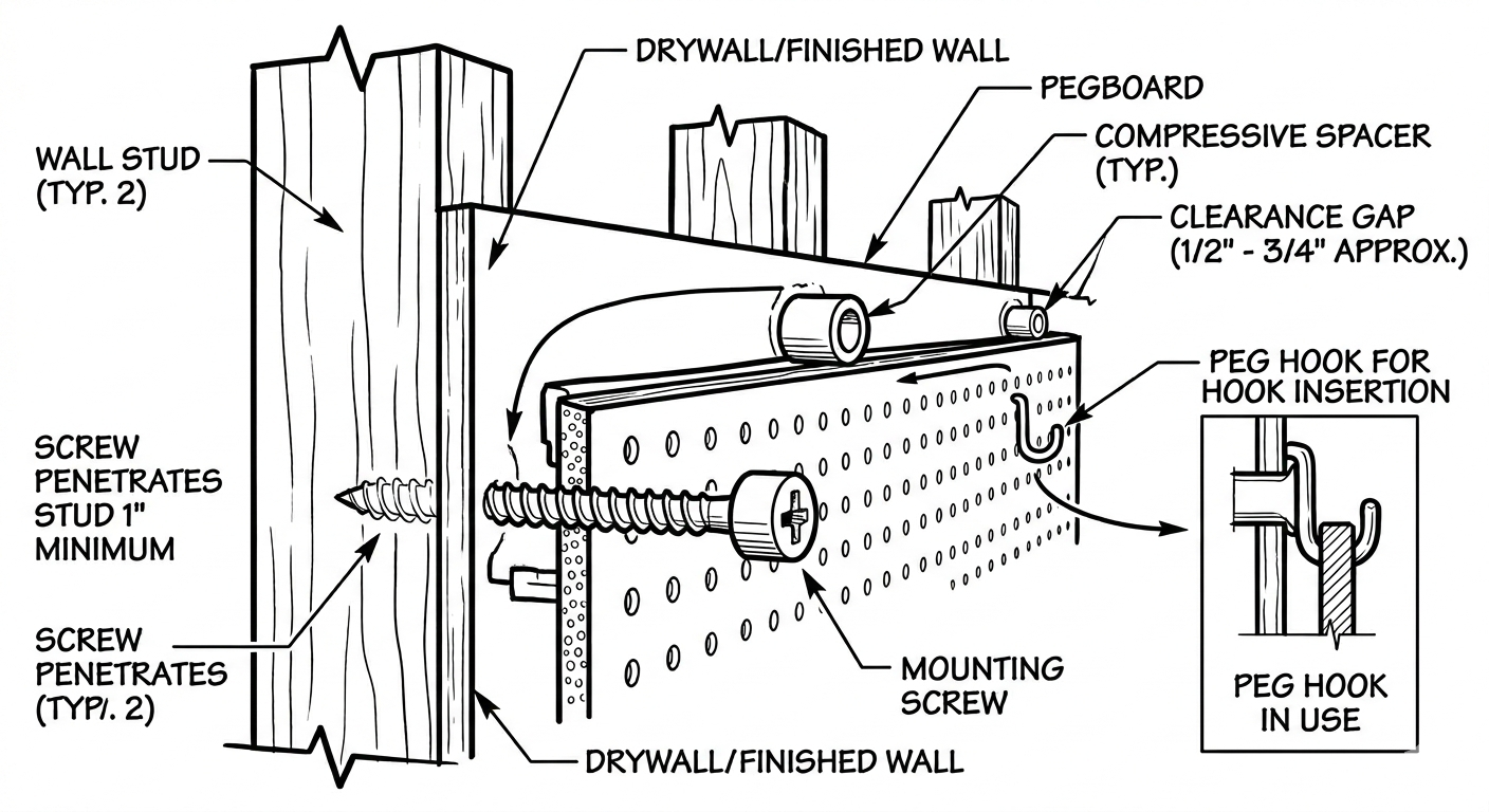 Diagram showing how to mount pegboard to wall studs with spacers