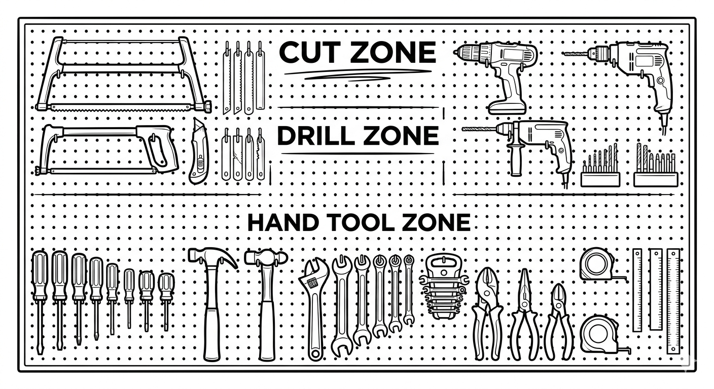 Pegboard tool wall layout zones cut zone drill zone and hand tool zone