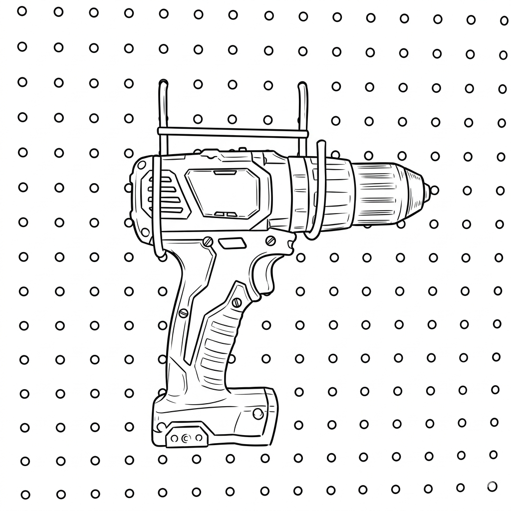 Cordless drill hanging securely on garage wall pegboard